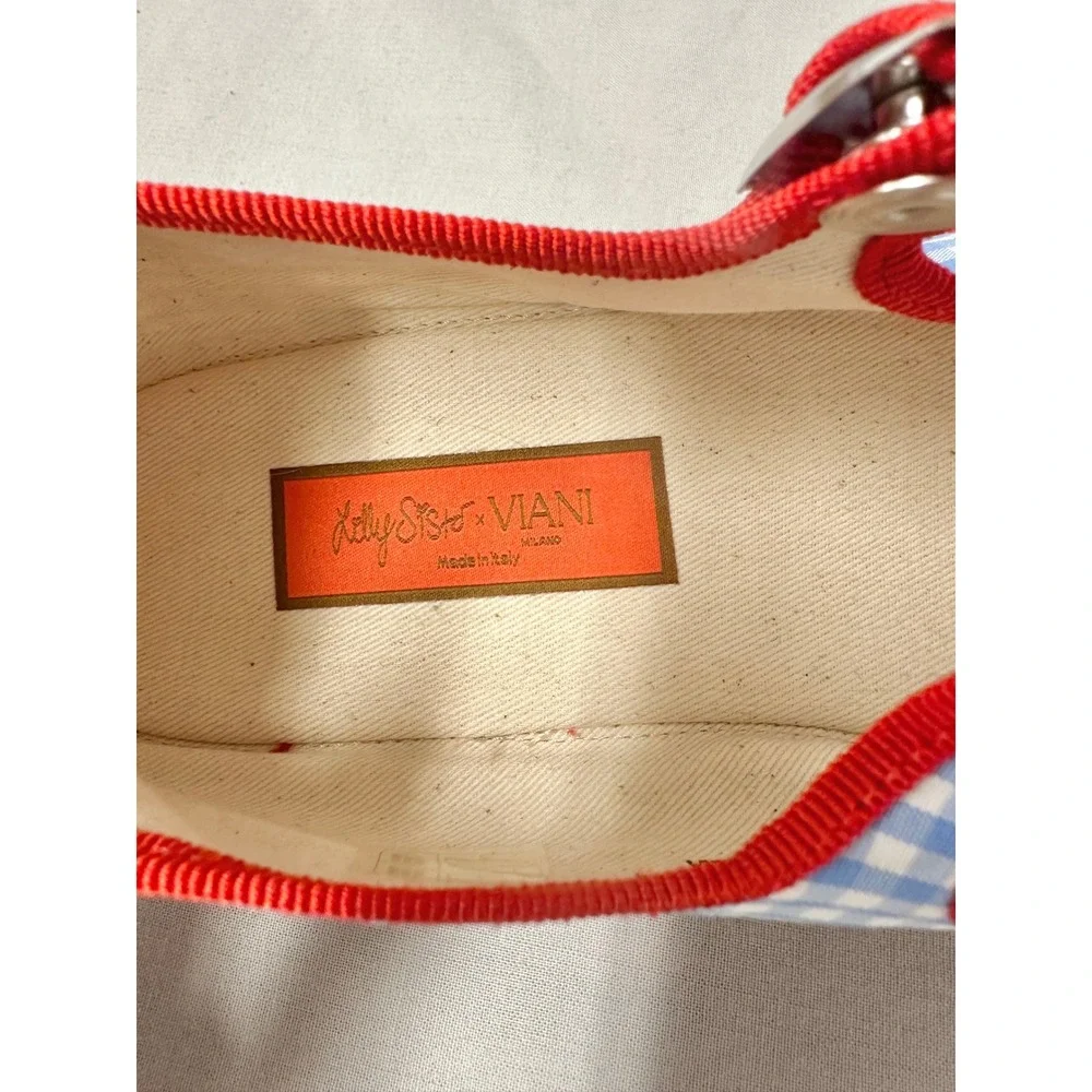 Via I Lilly Sisto Florence Mary Jane Cotton Gingham Blue Red Flats Euro 40 Italy